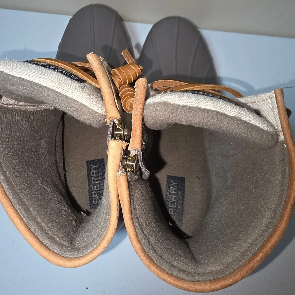 Sperry Saltwater Canvas Duck Boots Womens 8 Grey Tan‎ Coral STS85226 Waterproof